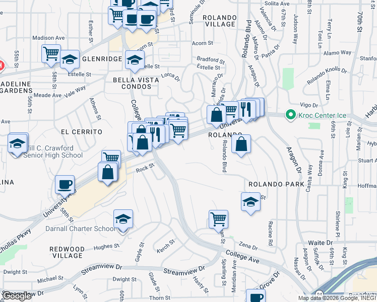 map of restaurants, bars, coffee shops, grocery stores, and more near 4149 Cartagena Drive in San Diego