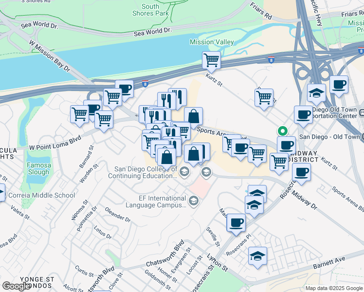 map of restaurants, bars, coffee shops, grocery stores, and more near 3615 Midway Drive in San Diego