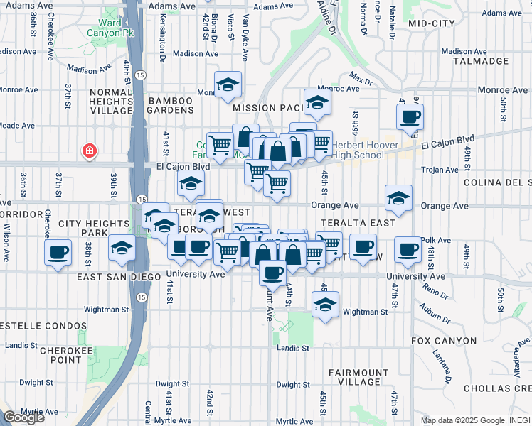 map of restaurants, bars, coffee shops, grocery stores, and more near 4170 Fairmount Avenue in San Diego