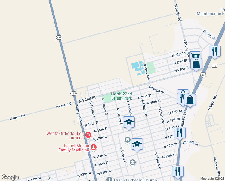 map of restaurants, bars, coffee shops, grocery stores, and more near 700 North 22nd Street in Lamesa