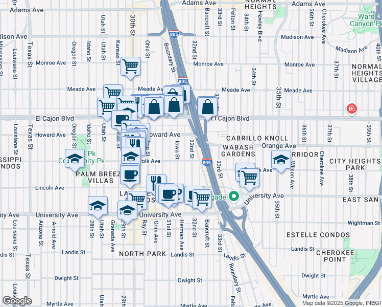 map of restaurants, bars, coffee shops, grocery stores, and more near 4124 1/2 32nd Street in San Diego