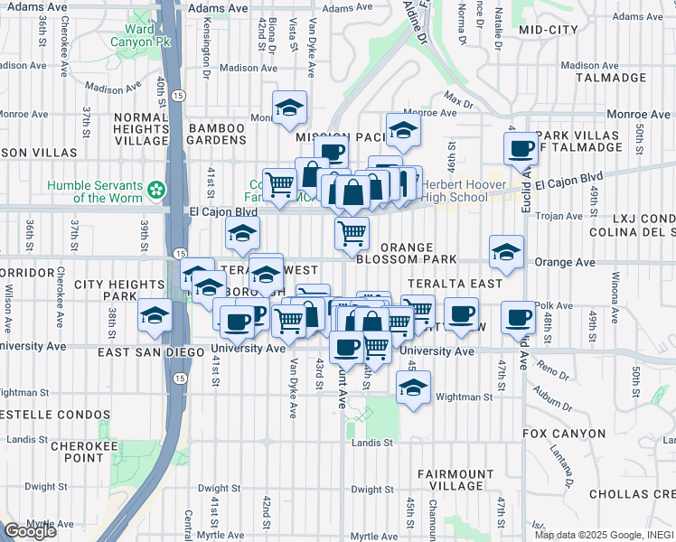 map of restaurants, bars, coffee shops, grocery stores, and more near 4170 Fairmount Avenue in San Diego