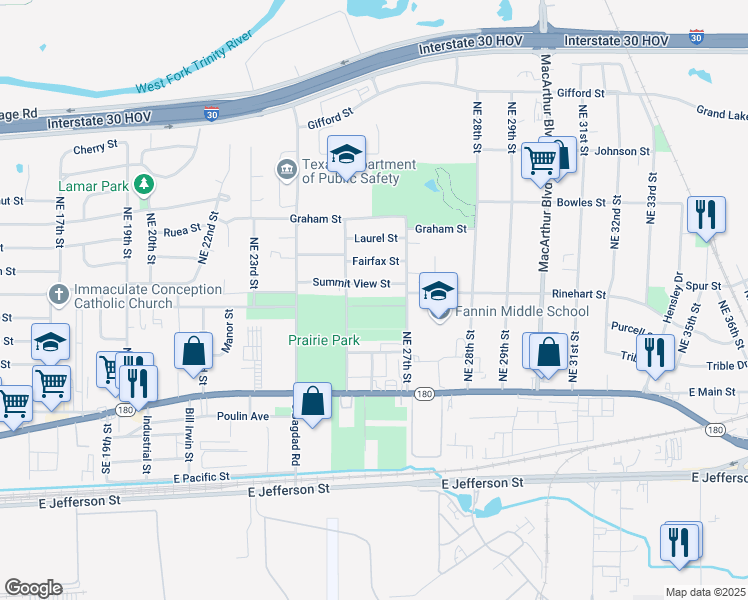 map of restaurants, bars, coffee shops, grocery stores, and more near 2617 Pine Street in Grand Prairie