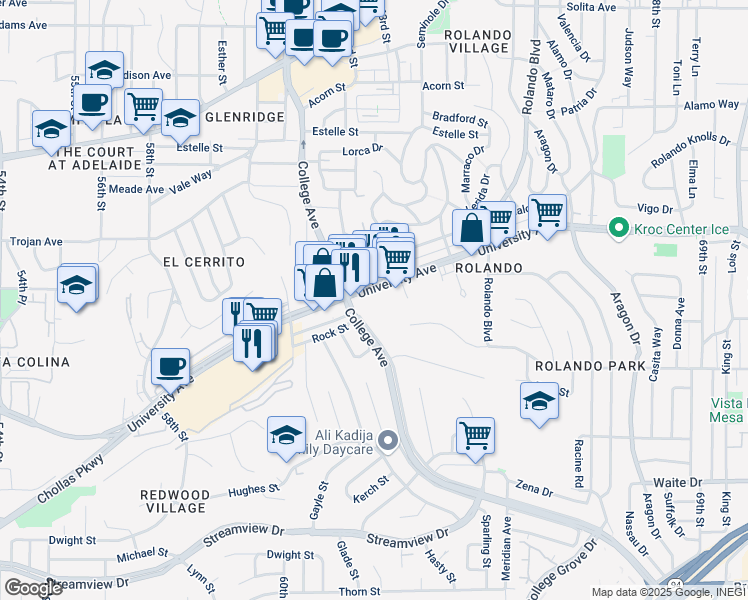 map of restaurants, bars, coffee shops, grocery stores, and more near 6147 University Avenue in San Diego