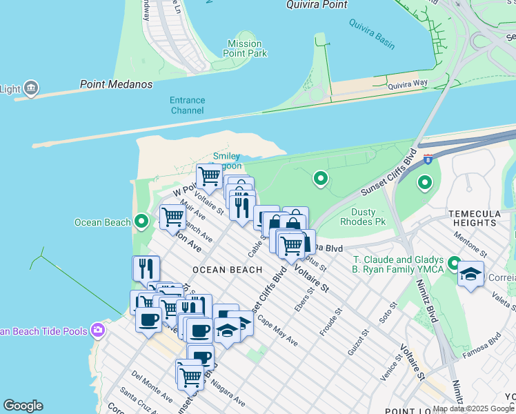 map of restaurants, bars, coffee shops, grocery stores, and more near 4978 West Point Loma Boulevard in San Diego
