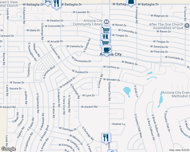 map of restaurants, bars, coffee shops, grocery stores, and more near 9862 West Wenden Drive in Arizona City