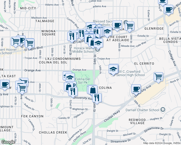 map of restaurants, bars, coffee shops, grocery stores, and more near 5319 Orange Avenue in San Diego
