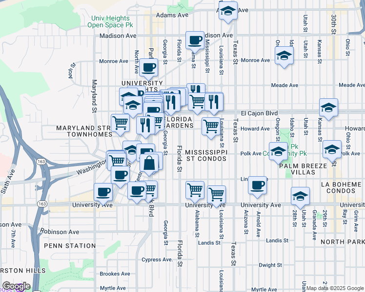 map of restaurants, bars, coffee shops, grocery stores, and more near 4112 Florida Street in San Diego