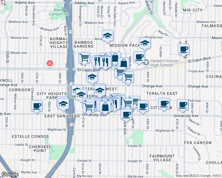 map of restaurants, bars, coffee shops, grocery stores, and more near 4175 Van Dyke Avenue in San Diego