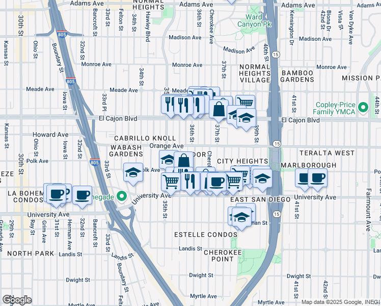 map of restaurants, bars, coffee shops, grocery stores, and more near 36th Street in San Diego