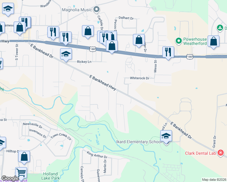 map of restaurants, bars, coffee shops, grocery stores, and more near 813 Andi Way in Weatherford
