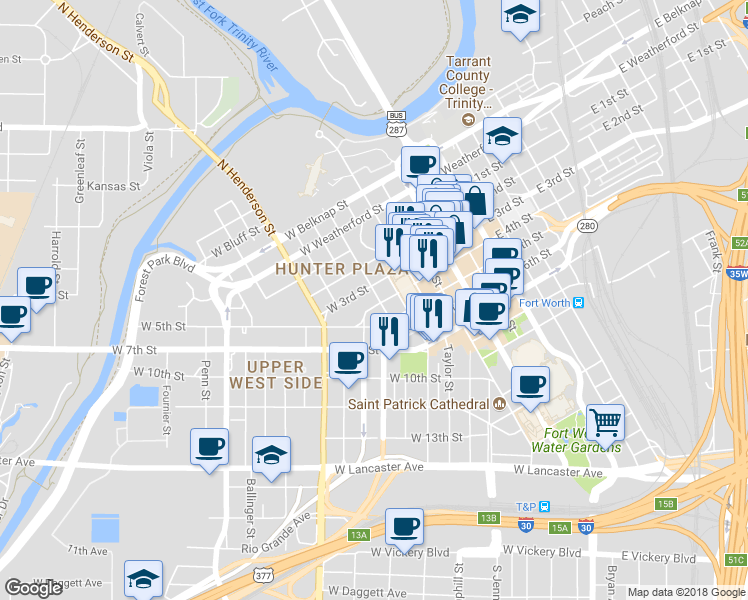 map of restaurants, bars, coffee shops, grocery stores, and more near 444 Burnett Street in Fort Worth