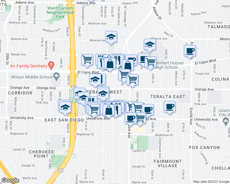 map of restaurants, bars, coffee shops, grocery stores, and more near 4175 Van Dyke Avenue in San Diego