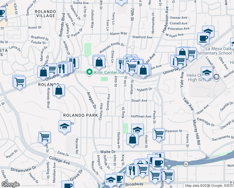 map of restaurants, bars, coffee shops, grocery stores, and more near 4146 69th Street in San Diego