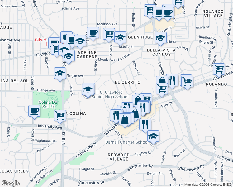 map of restaurants, bars, coffee shops, grocery stores, and more near 4173 58th Street in San Diego