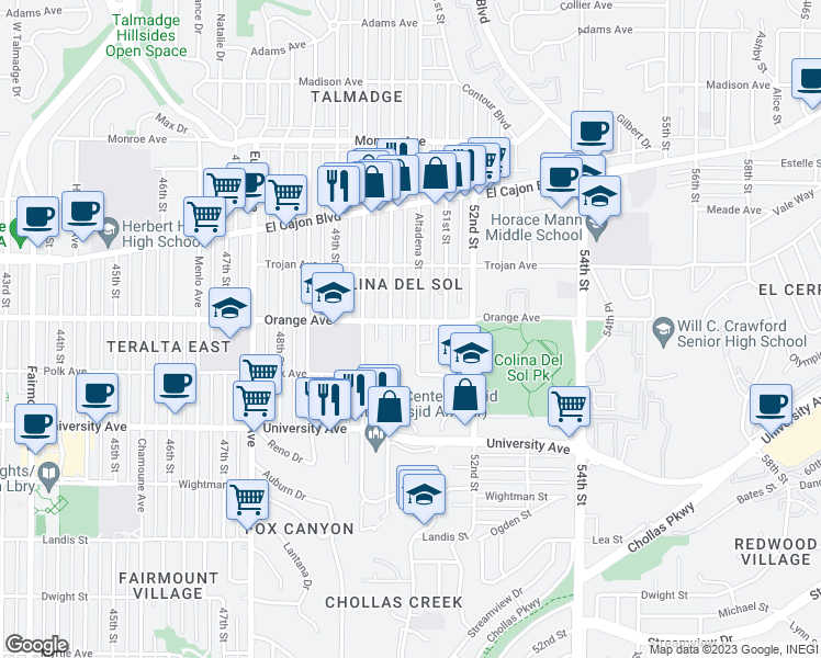 map of restaurants, bars, coffee shops, grocery stores, and more near 4175 Altadena Avenue in San Diego
