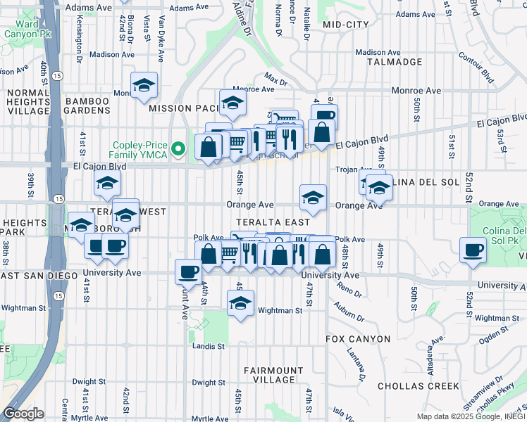 map of restaurants, bars, coffee shops, grocery stores, and more near 4154 46th Street in San Diego
