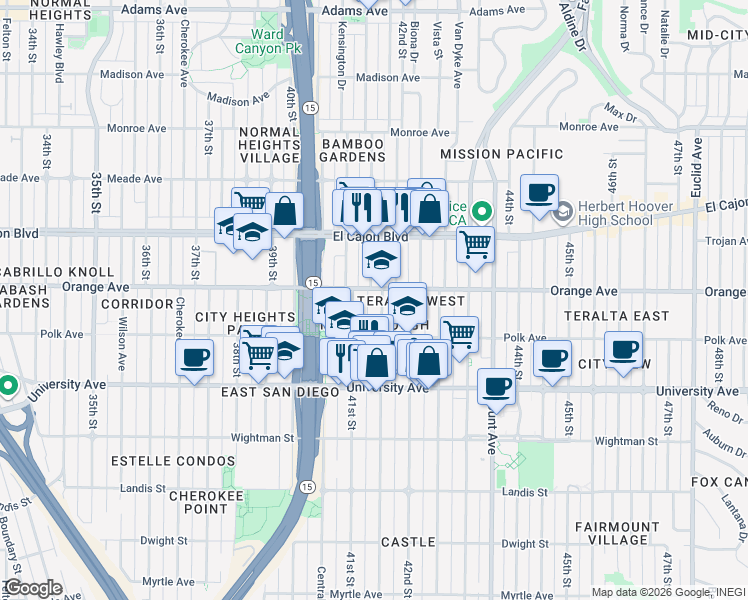 map of restaurants, bars, coffee shops, grocery stores, and more near 4155 41st Street in San Diego