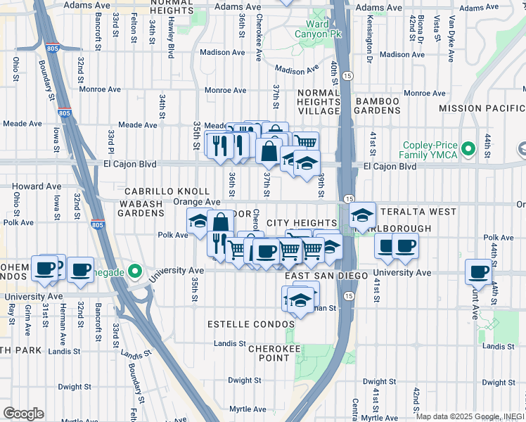 map of restaurants, bars, coffee shops, grocery stores, and more near 4151 Cherokee Avenue in San Diego