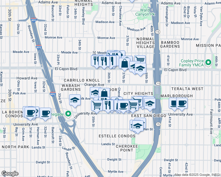 map of restaurants, bars, coffee shops, grocery stores, and more near in San Diego