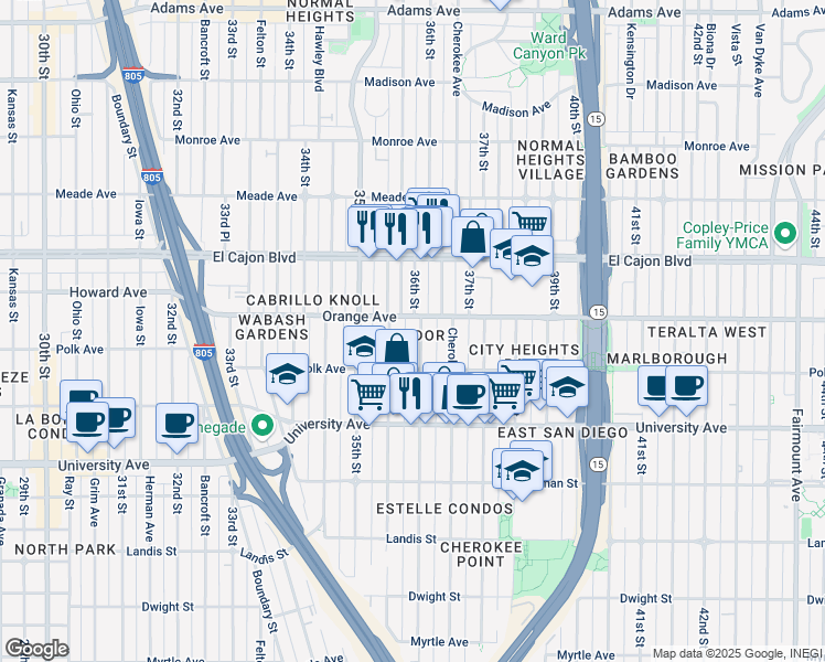 map of restaurants, bars, coffee shops, grocery stores, and more near in San Diego