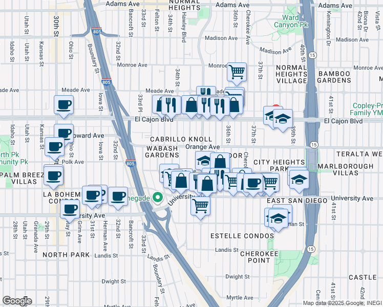 map of restaurants, bars, coffee shops, grocery stores, and more near 4146 35th Street in San Diego
