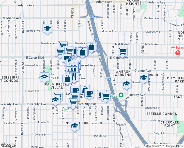 map of restaurants, bars, coffee shops, grocery stores, and more near 4111 Illinois Street in San Diego