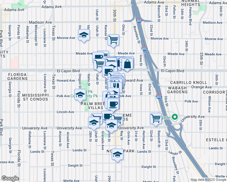 map of restaurants, bars, coffee shops, grocery stores, and more near 4114 30th Street in San Diego