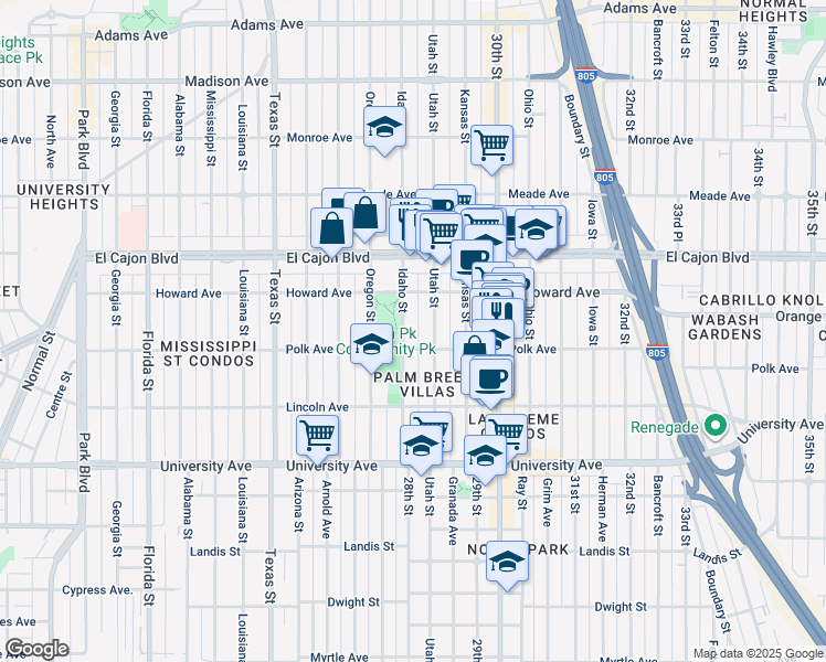 map of restaurants, bars, coffee shops, grocery stores, and more near 2814 Polk Avenue in San Diego