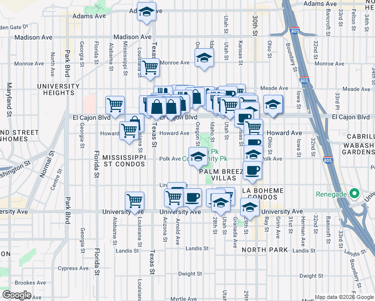 map of restaurants, bars, coffee shops, grocery stores, and more near 4114 Hamilton Street in San Diego