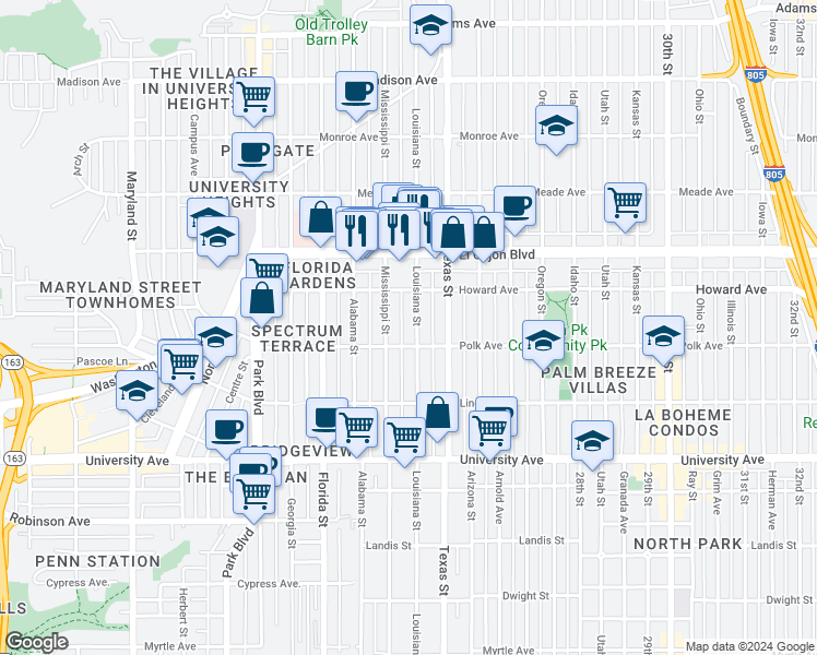 map of restaurants, bars, coffee shops, grocery stores, and more near 4115 Mississippi Street in San Diego