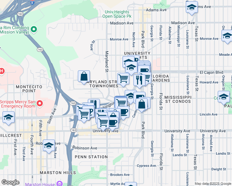 map of restaurants, bars, coffee shops, grocery stores, and more near 4191 Cleveland Avenue in San Diego