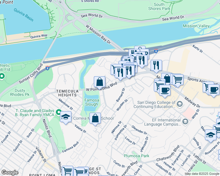 map of restaurants, bars, coffee shops, grocery stores, and more near 4155 West Point Loma Boulevard in San Diego