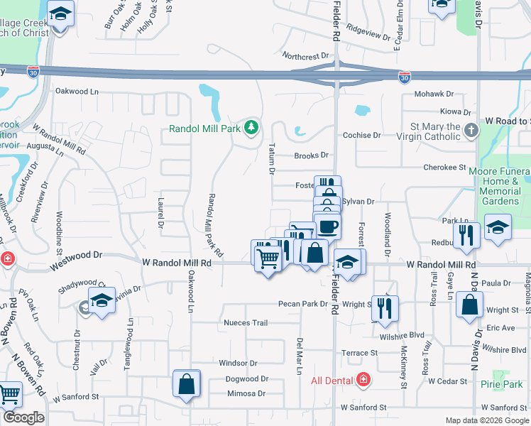 map of restaurants, bars, coffee shops, grocery stores, and more near 1715 Park Vista Drive in Arlington