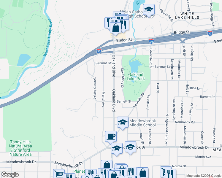 map of restaurants, bars, coffee shops, grocery stores, and more near 1733 Oakland Boulevard in Fort Worth