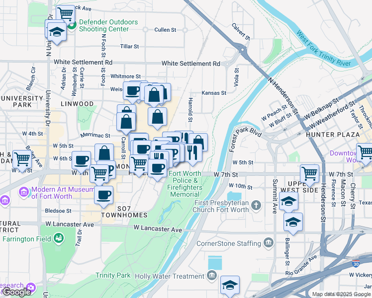 map of restaurants, bars, coffee shops, grocery stores, and more near 2301 West 5th Street in Fort Worth