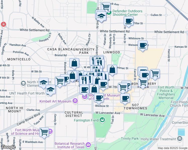 map of restaurants, bars, coffee shops, grocery stores, and more near 3116 West 6th Street in Fort Worth