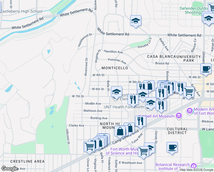 map of restaurants, bars, coffee shops, grocery stores, and more near 3830 West 6th Street in Fort Worth