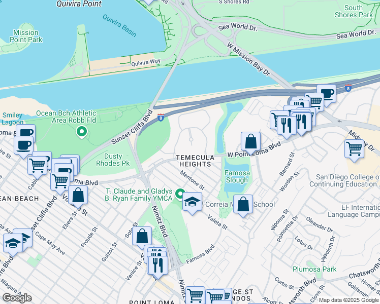 map of restaurants, bars, coffee shops, grocery stores, and more near 4444 West Point Loma Boulevard in San Diego