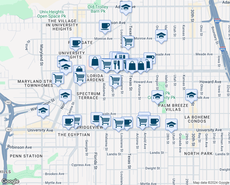 map of restaurants, bars, coffee shops, grocery stores, and more near 4131 Mississippi Street in San Diego