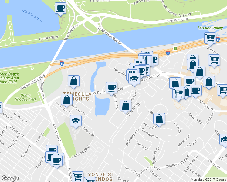 map of restaurants, bars, coffee shops, grocery stores, and more near 2998 Adrian Street in San Diego