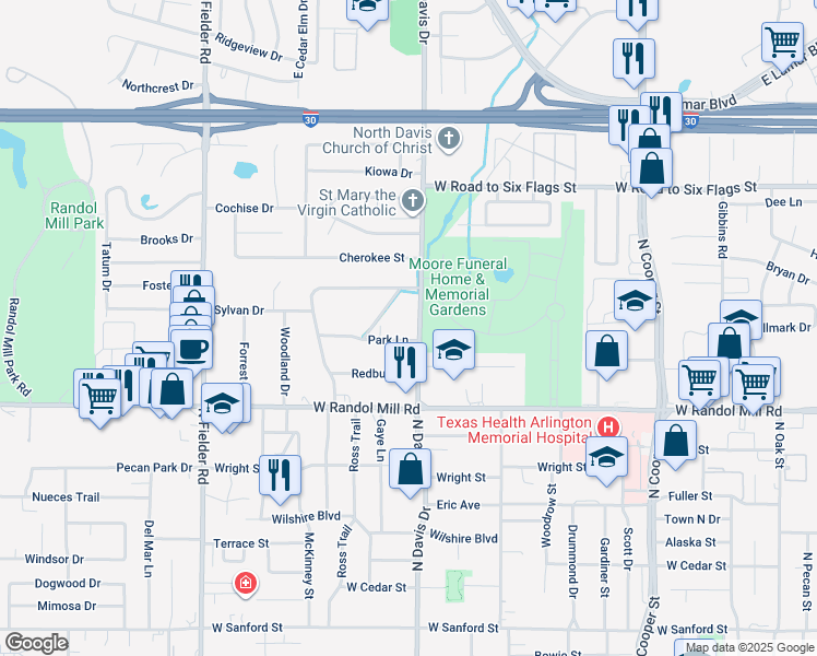 map of restaurants, bars, coffee shops, grocery stores, and more near 1201 Park Lane in Arlington