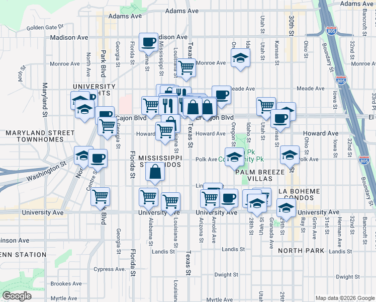 map of restaurants, bars, coffee shops, grocery stores, and more near 4130 Texas Street in San Diego