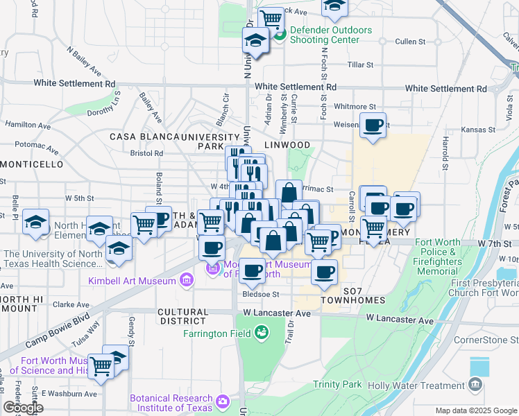 map of restaurants, bars, coffee shops, grocery stores, and more near 612 Norwood Street in Fort Worth