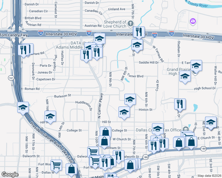 map of restaurants, bars, coffee shops, grocery stores, and more near 921 Northwest 9th Street in Grand Prairie