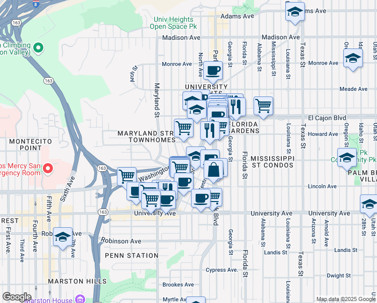 map of restaurants, bars, coffee shops, grocery stores, and more near 122 Washington Street in San Diego