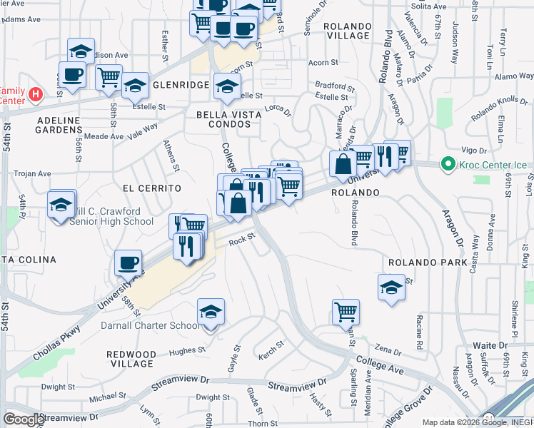map of restaurants, bars, coffee shops, grocery stores, and more near 6147 University Avenue in San Diego
