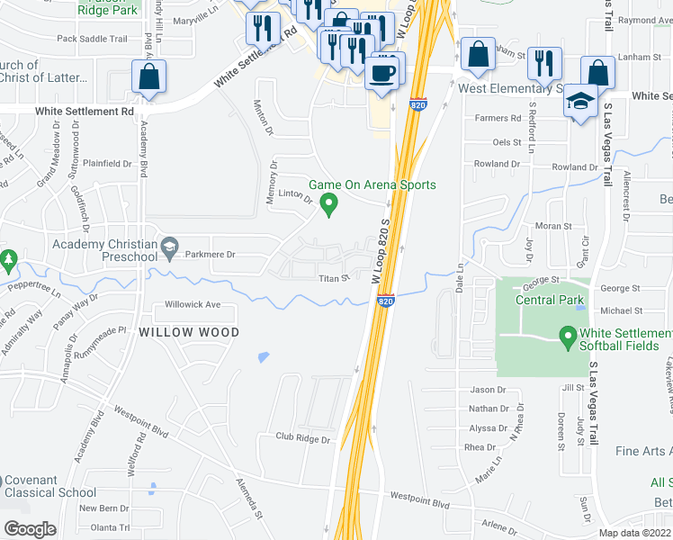 map of restaurants, bars, coffee shops, grocery stores, and more near 9601 Kittyhawk Lane in Fort Worth