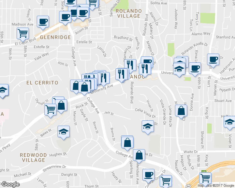 map of restaurants, bars, coffee shops, grocery stores, and more near 4150 Bonillo Drive in San Diego