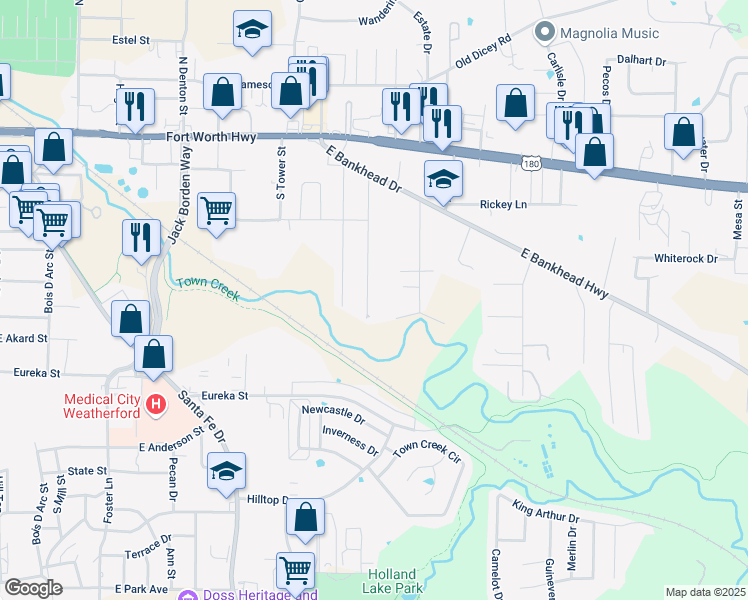 map of restaurants, bars, coffee shops, grocery stores, and more near 331 Jade Lane in Weatherford